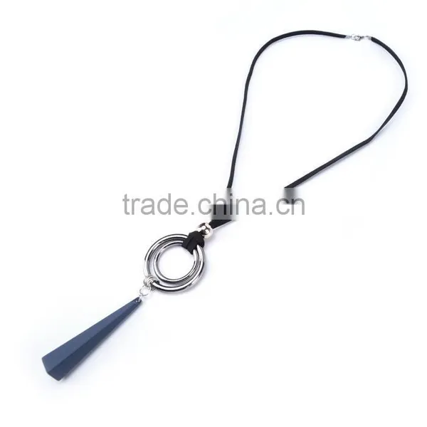 Silver Double Hoops Geometric Rubber Pendant Necklace Suede Velvet Leather Necklace Geometric Long Sweater Necklace photo-5