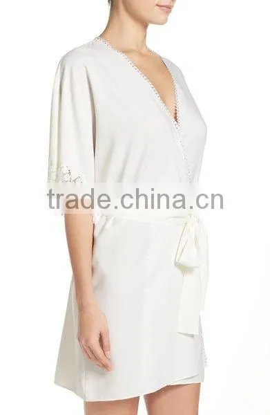 Satin Robes Women Silk 100% Polyester Lace Crochet Trim Short Robe Sexy Women photo-3