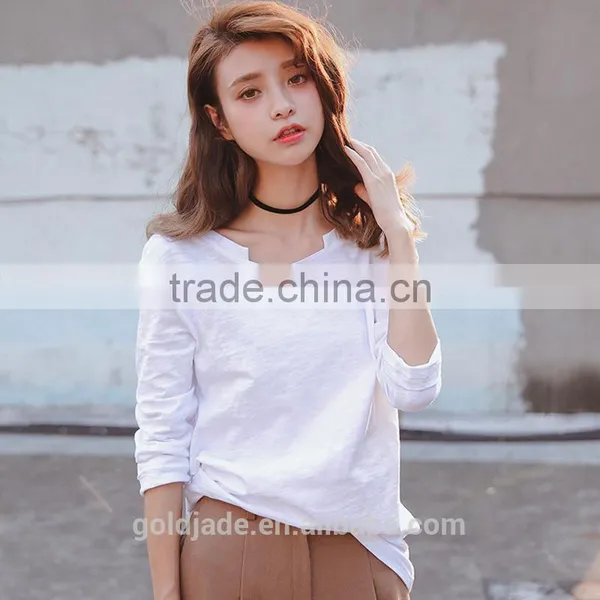 Wholesale Plain Cotton Curved White Long Sleeve t Shirt Women photo-3