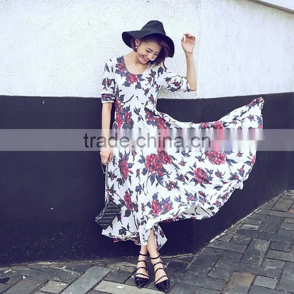 Women Long Sleeve Floral Print Full Length Chiffon Long Maxi Dress