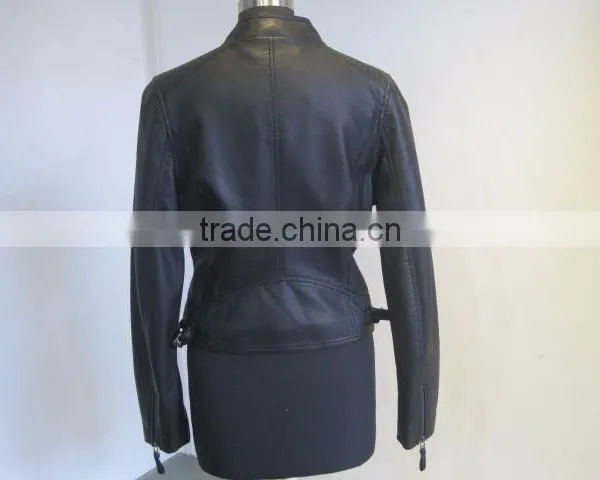 Faux Leather Jacket Women Cothing New 2015 Montage Patchwork Zipper Pockets PU Leather Jacket Fashion Autumn Winter Leather Coat photo-2