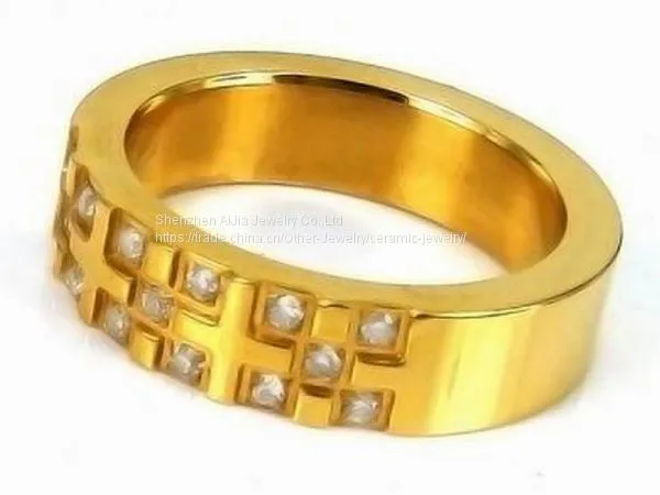 IP Gold Plated Stainless Steel Wedding Ring With Crystals photo-3