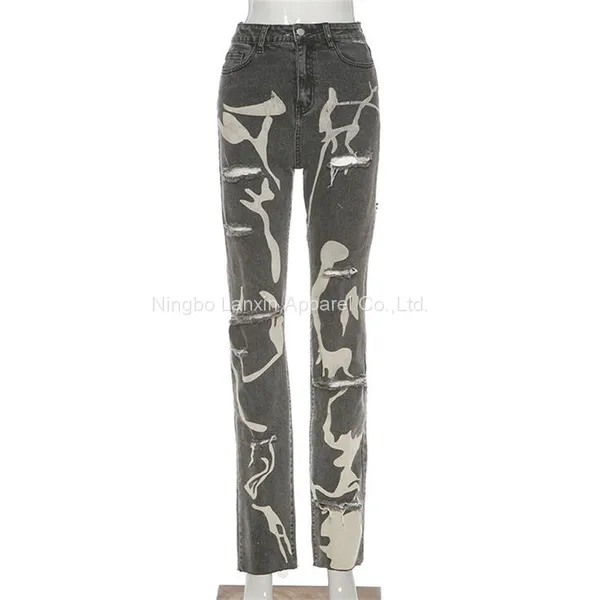 Womens Graphic Print Ripped Distressed Jeans Grey High Waist Y2K Straight Leg Denim Pants photo-3