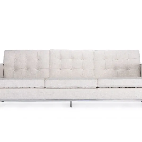 Florence Knoll Style Tufted Fabric 3-Seater Sofa, Modern Beige Linen Couch with Stainless Steel Base for Living Room Hotel