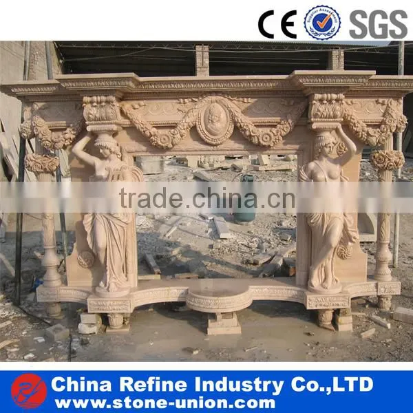Western Style Stone Carved Fireplace With Human Sculpture, Pillar