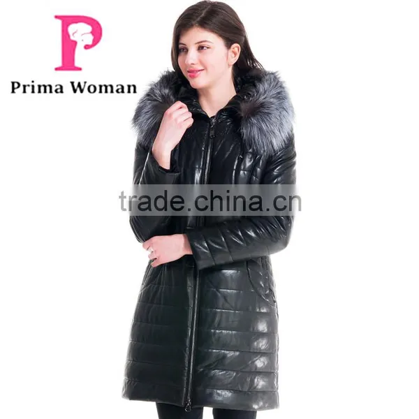 Winter Women Leather Medium Length Slim Fit Embroidered Coat With Brown Fox Hat Clothes photo-2