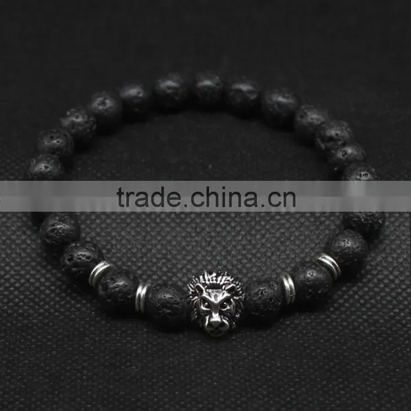 Antique Gold and Silver Plated Leo Lion Head Lava Stone Beads Charm Bracelet photo-2