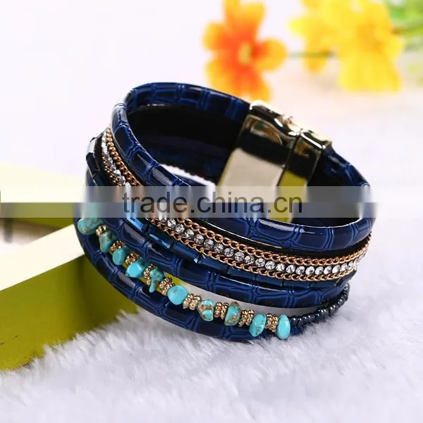 New Fashion Jewelry Woman Magnetic Clasp Leather Crystal Stones Bracelet photo-3