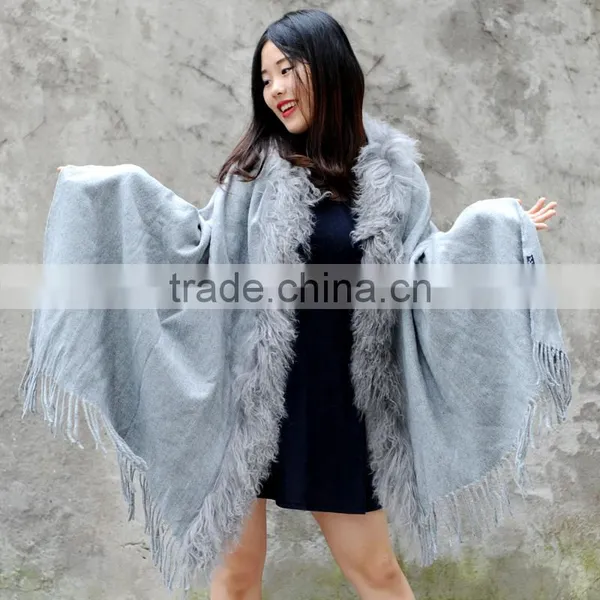 CX-B-P-04B Fashion Accessories 2017 Cashmere Shawl With Fur Trim photo-3