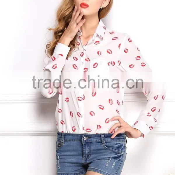2015 Newest Hot Sell Best Summer Fashion Lip Prints t Shirt Ladies Blouse Designs Women Shirt With Long Sleeve photo-4