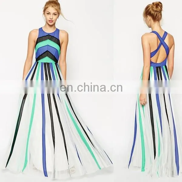 Latest Popular Fashion Cool Chiffon Cross-back Color Block Mesh Panel Prom Dress