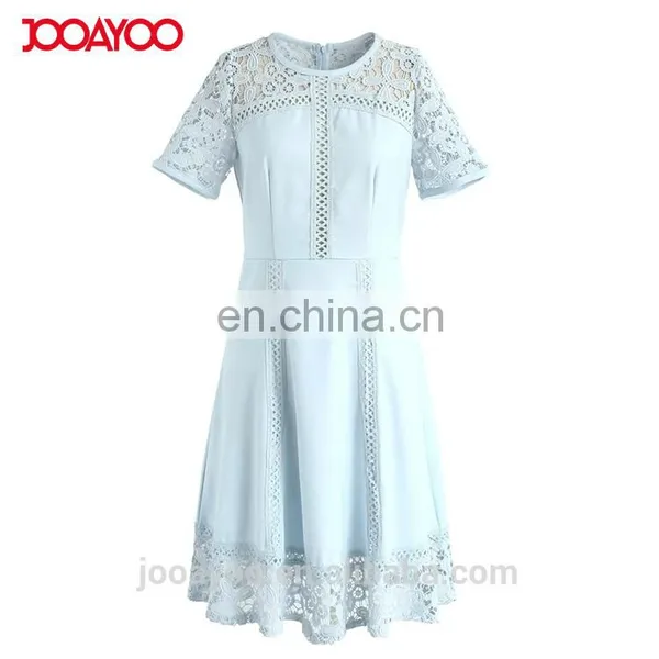 Women Elegant Short Sleeve Flower Lace Embroidered Crochet Dress in Blue photo-4