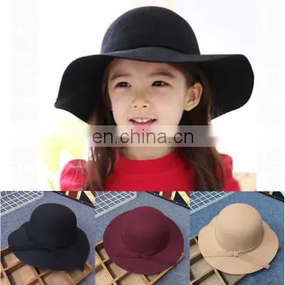 Children's Female Treasure British Hepburn Small Pepper Wave Big Brim Hat Retro Bow Woolen Hat Autumn and Winter Hat photo-2