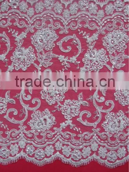 2013 Double edged eyelash lace fabric with beads sequins decoration