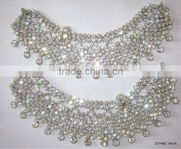 Bridal Silver Crystal Broad Payal ANKLETS Pair Feet Bracelet photo-2