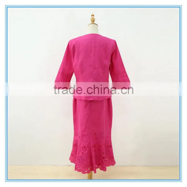 Linen Fabric Floral Embroidery Monogram Scallop Church Suits For Lady photo-3