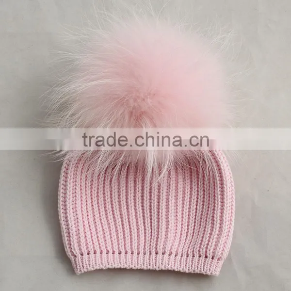 Myfur Baby Pink Raccoon Fur Pom Pom Knitting Hat With Raccoon Fur Bobble photo-4