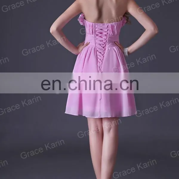 Grace Karin Strapless Short Pink Bridesmaid Dress With Flowers CL3469 photo-4
