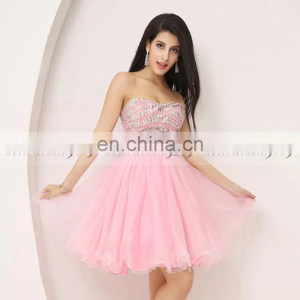 Best Selling Sweetheart Sleeveless Pink Tulle Short Party Dress Crystal Cocktail Dresses
