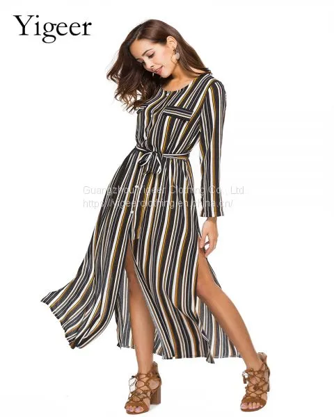 Long Sleeve Buttons Down Striped Waist Band Long Shirt Dress