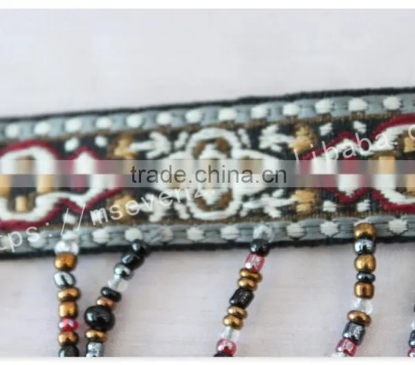 Newest Design 5 cm Width Ethnic Embroidery Nylon Webbing With Beaded Fringe photo-6