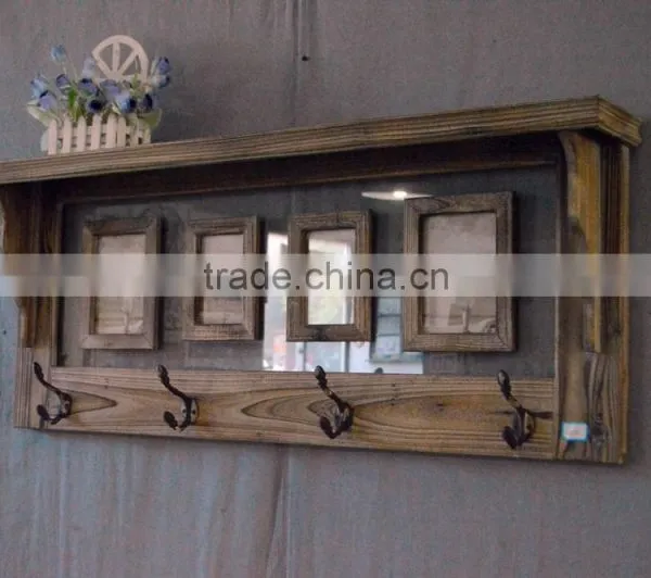 2016 Antique Wooden Wall Shelf With Photo Frame and Metal Hooks photo-3