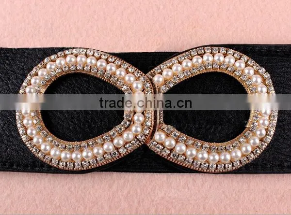 Wholesale Pearl and Rhinestone Inlaid Buckle Sex Women Lady Wide PU Waist Belt photo-4