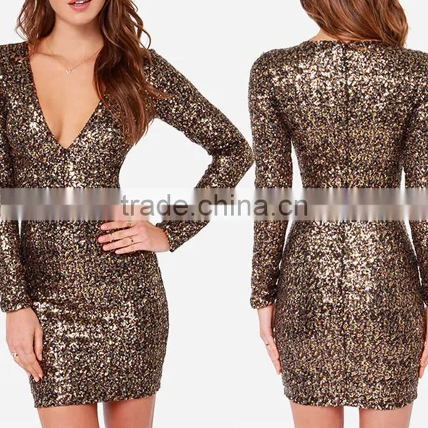 Sexy Women Plunge Neck Long Sleeve Bodycon Zipper Evening Party Cocktail Dress photo-2