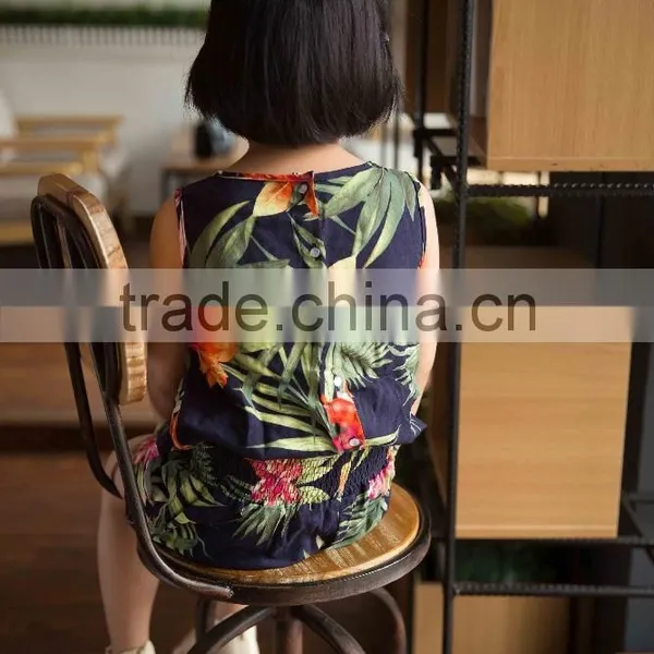 Fashion off Shouder 100% Viscose Set Summer Sleeveless Cloth Set Girl Shirt and Printed Flower Soft Handfeel Cloth photo-5