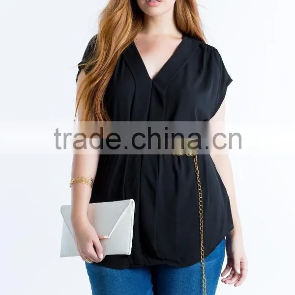 Relaxed V-neck Pleated Plus Size Chiffon Blouse/woman Top photo-5