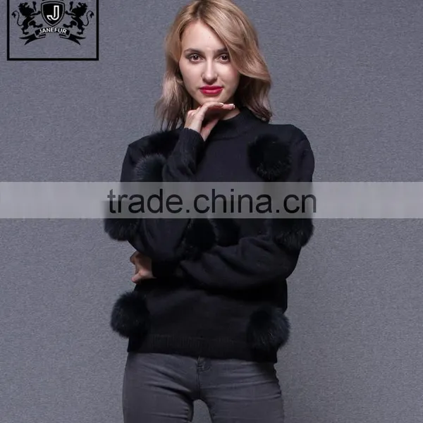 High Quality Fox Fur Pom Pom Decorated Woollen Sweater for Ladies photo-5