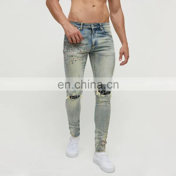 DiZNEW Denim Jeans Manufacturer Custom Hand Rhinestone Bandana Patch Distressed Jeans Man photo-2