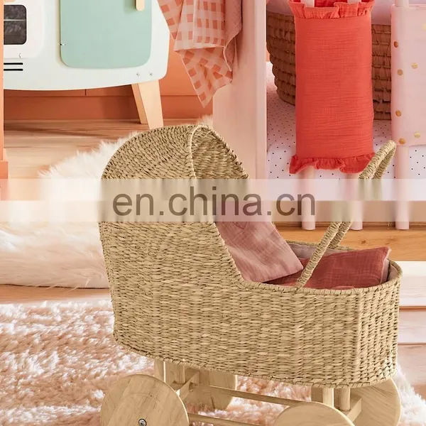 High Quality Rustic Seagrass Pram Basket Doll Stroller Trolley For Kids Wicker Shopping Basket Wholesale Supplier photo-4
