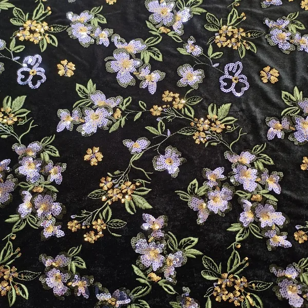 XF6069 Chinese Style Green Plants Embroidered Velvet Fabric Sequined