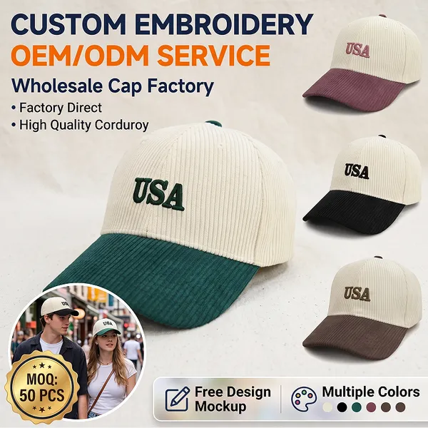 Custom Made Hat OEM Service Vintage Corduroy Letter Embroidery Contrast Visor Baseball Cap