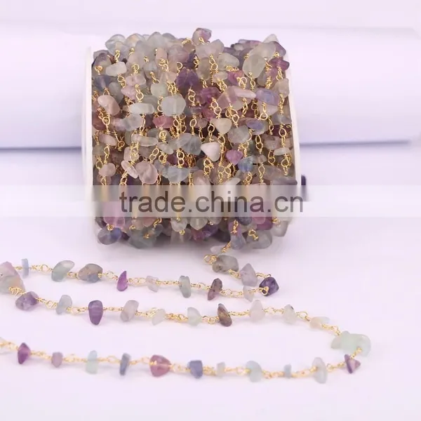 Natural Fluorite Nugget Quartz Chip Bead Rosary Chain, Gold Plated Wire Wrapped Chain