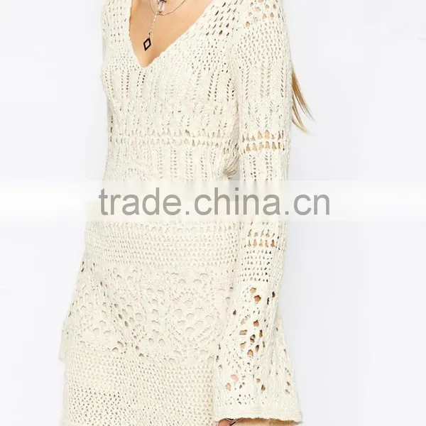 Crochet Sweater Dress Pattern Women Bell Sleeve Sexy Crochet Swing Dress photo-4