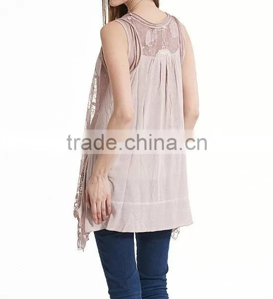 Pink Sheer Floral Lace Layered Sleeveless Tunic Shirts Office Wear for Women photo-4