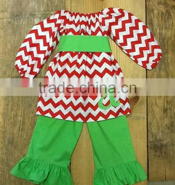 Newest Fall Clothing Set Baby Girl Boutique Christmas Outfits Girls Red Chevron Ruffle Outfits photo-2