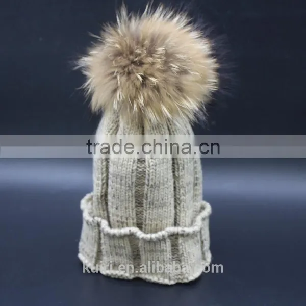 Factory Supply 2016 Thicken Woman Knited Beanie Hat With Large Size 15 cm Raccoon Fur Poms Wool Caps photo-2