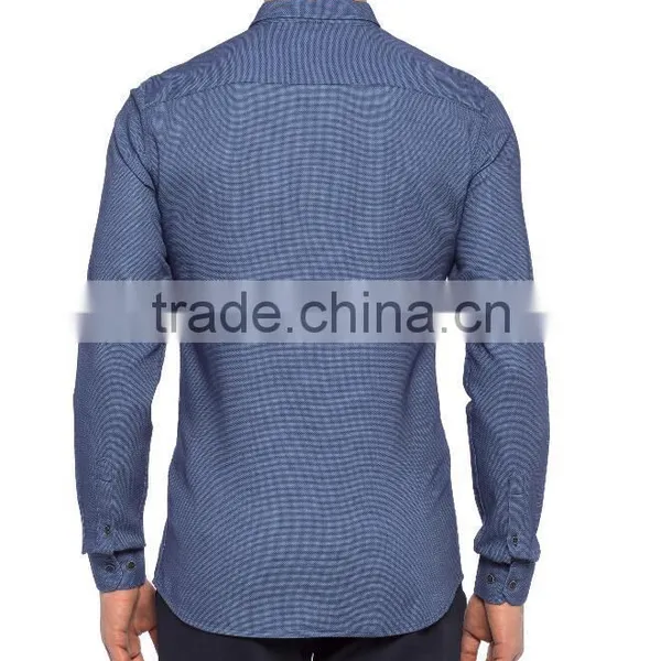 Blue Solid Super Skinny Long Sleeve Buttonless Men Shirt photo-2
