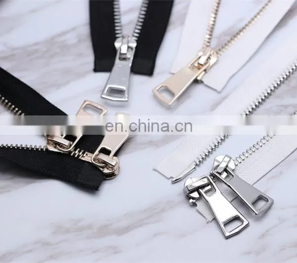 Black and White Double -ended Light Gold and White Gold Silver Metal Zipper photo-4