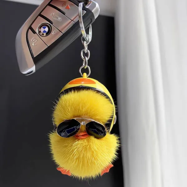 Cute Mink Fur Duck Keychain, Furry Duck Bag Charm With Helmet & Sunglasses, Custom Plush Duck Keyring for Car/Handbag