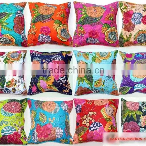 Traditional Design Beautiful Flower Printed Kantha Pillow Cushion Cover Decorative Throw Cushion Cover 16*16" Inches