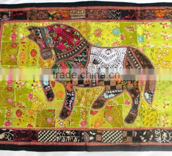 Indian Old Fabric Wall Decor With Horse Figure - Handworked Cotton Fabric Patchwork Wall Hanging Tapestry photo-4