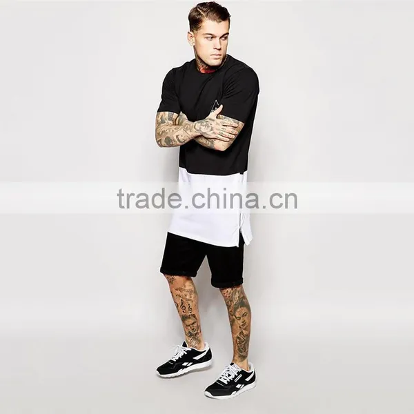 2015 Mens Long Tee Shirt 100% Cotton Short Sleeve Long Tee Shirt With Panelling and Side Zips photo-5