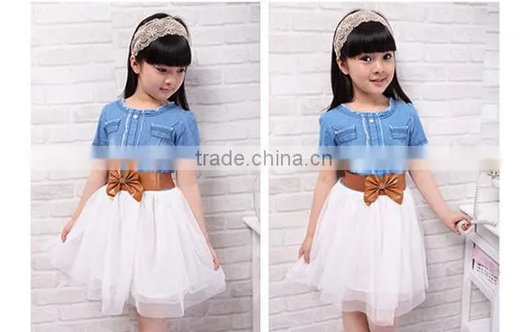 Baby Girl's Kids Children Fashion Princess Denim And Tulle Stitching Bow Dress Skirt With Belt 3-8Y SV001489 photo-5