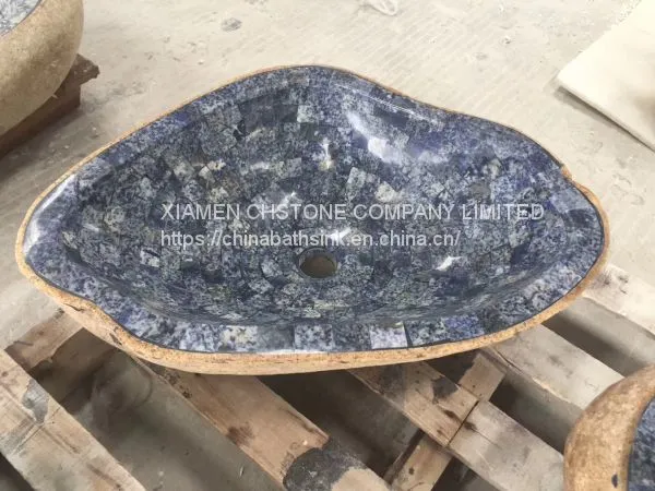 River Stone Bath SInk Fantasy Blue Marble Mosaic Wash Basin photo-2