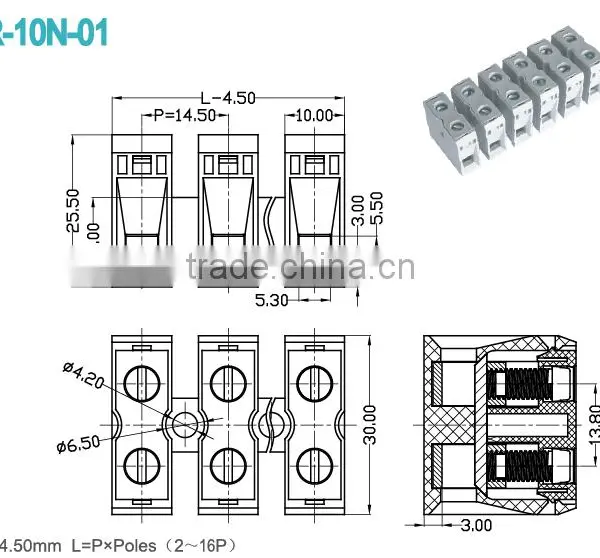 Electrical Wire Connector Pitch 14.50mm 600V 65A Feed-Through Terminal Blocks photo-2