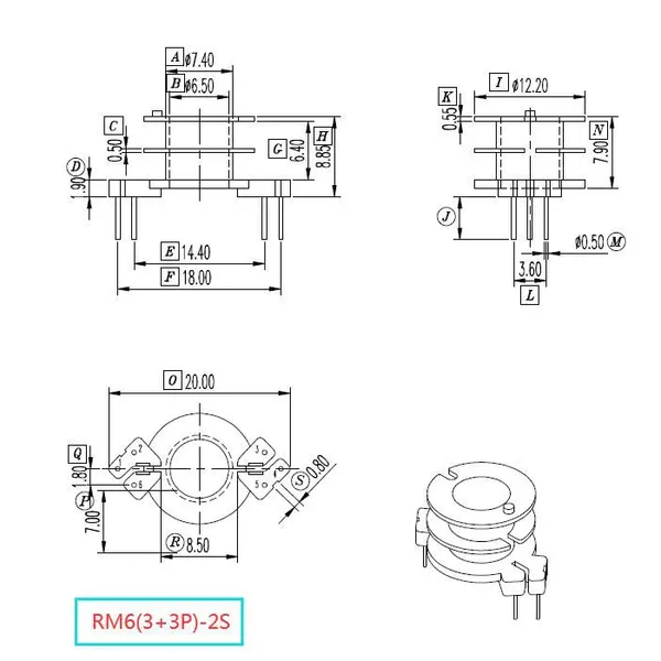 RM6-2S Vertical Bobbins, RM6-2S(3+3P) Bobbins, RM6-2S Vertical Transformer Bobbins. PM9820 Material, Fast Delivery Time. photo-2